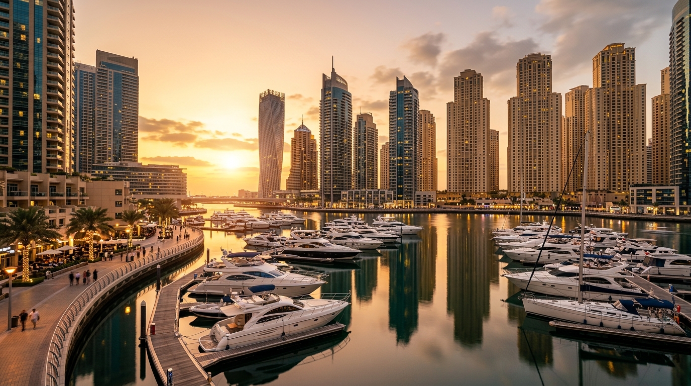 Dubai Marina waterfront with yachts at golden hour