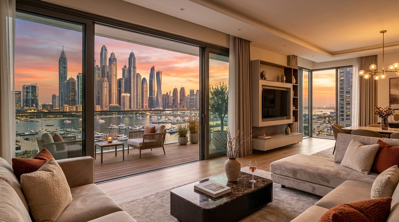 Modern Dubai Marina apartment interior at sunset